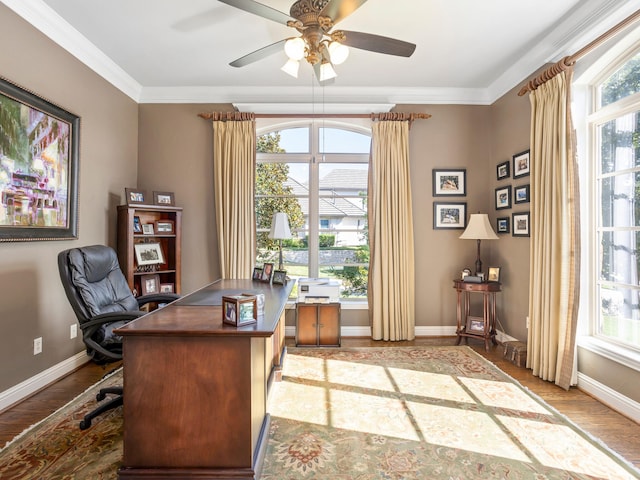 7005 Shinnecock Hills Dr, Fort Worth, TX 76132 - office featuring a ceiling fan, crown molding, baseboards, and wood finished floors
