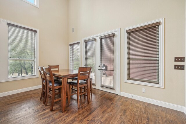 dining room with a high ceiling, a healthy amount of sunlight, and dark hardwood / wood-style flooring