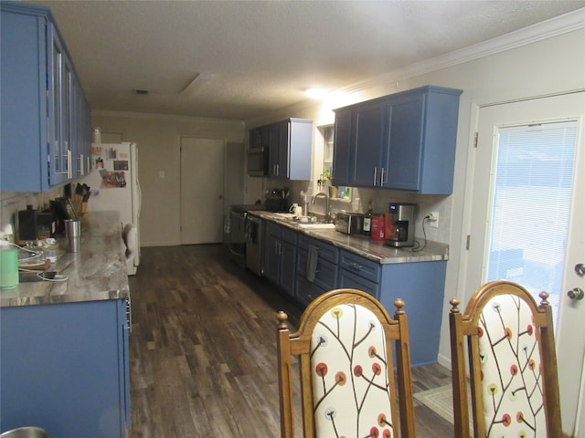 kitchen with stove, blue cabinetry, freestanding refrigerator, and ornamental molding