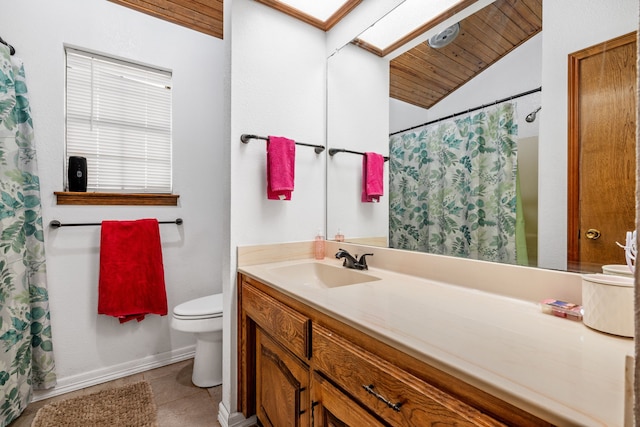 bathroom with tile patterned floors, vaulted ceiling, toilet, vanity, and wood ceiling