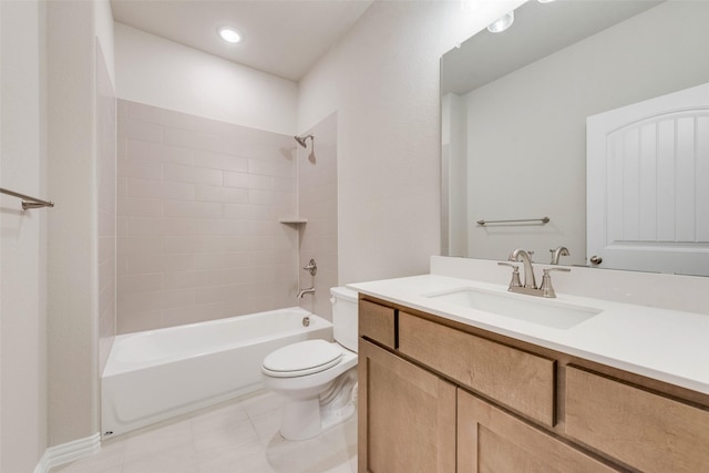 full bathroom with tile patterned floors, vanity, toilet, and tiled shower / bath combo