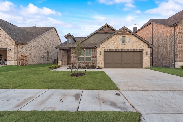 view of front of home featuring central AC, a garage, and a front lawn