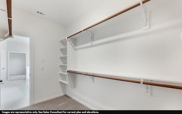 walk in closet with light colored carpet