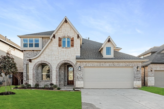 french provincial home with a front yard and a garage