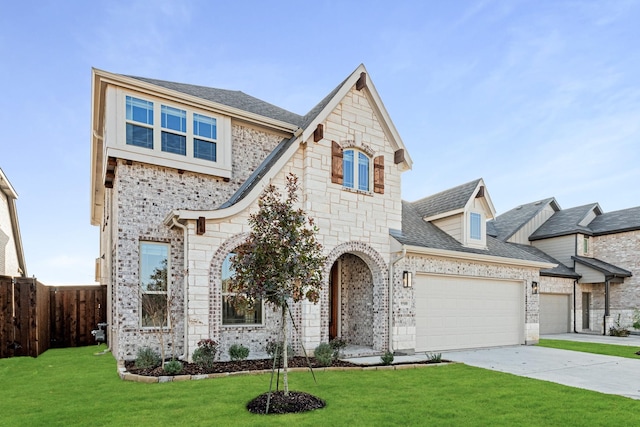 view of front of property with a front lawn and a garage