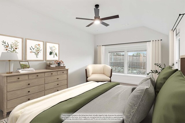 bedroom featuring ceiling fan and vaulted ceiling