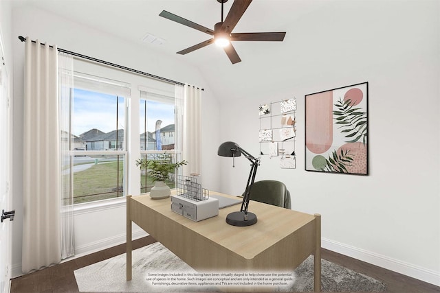 office area with dark hardwood / wood-style flooring, vaulted ceiling, and ceiling fan