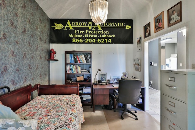 tiled office with an inviting chandelier