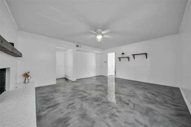 unfurnished living room with a brick fireplace, ceiling fan, and crown molding