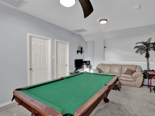 game room featuring carpet floors, vaulted ceiling, and pool table