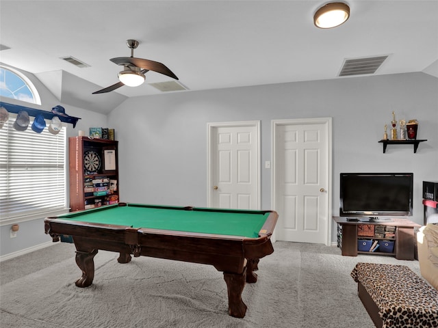 recreation room featuring lofted ceiling, pool table, ceiling fan, and carpet floors