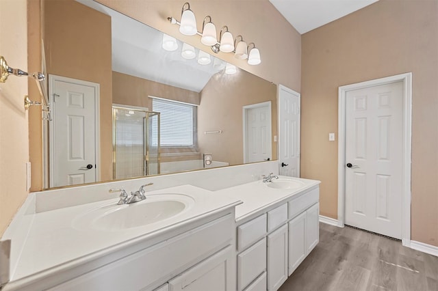 bathroom featuring a shower with door, hardwood / wood-style floors, and vanity