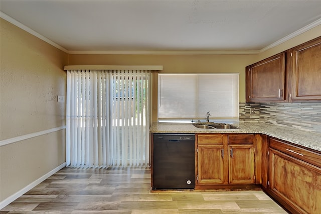 kitchen with backsplash, dishwasher, ornamental molding, and sink