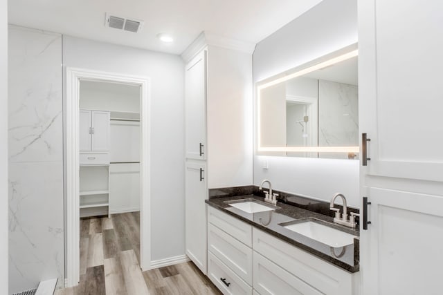 bathroom featuring hardwood / wood-style flooring, vanity, and a shower