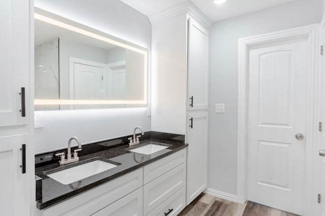 bathroom with hardwood / wood-style flooring and vanity