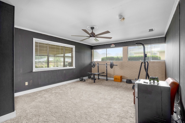 interior space featuring ceiling fan, carpet floors, ornamental molding, and a wealth of natural light