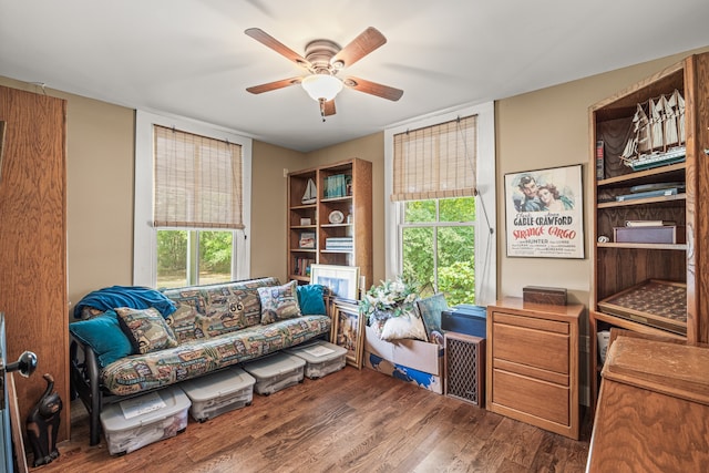 home office featuring ceiling fan and hardwood / wood-style floors