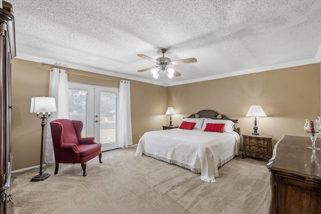 bedroom with ornamental molding, ceiling fan, light colored carpet, and access to exterior