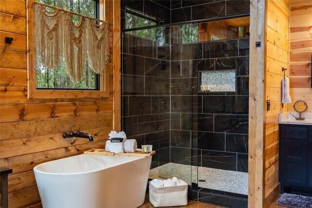 full bath with a freestanding tub, walk in shower, and wood walls