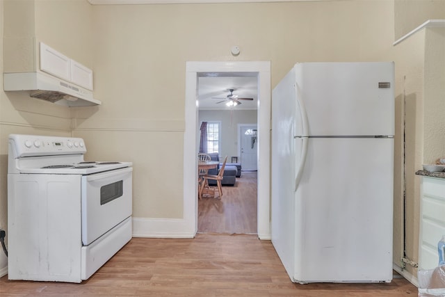 kitchen featuring white cabinetry, white appliances, ceiling fan, and light hardwood / wood-style floors