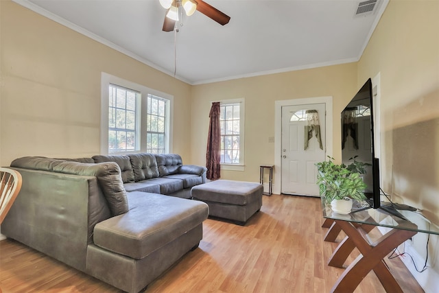 living room with light hardwood / wood-style flooring, ceiling fan, and crown molding