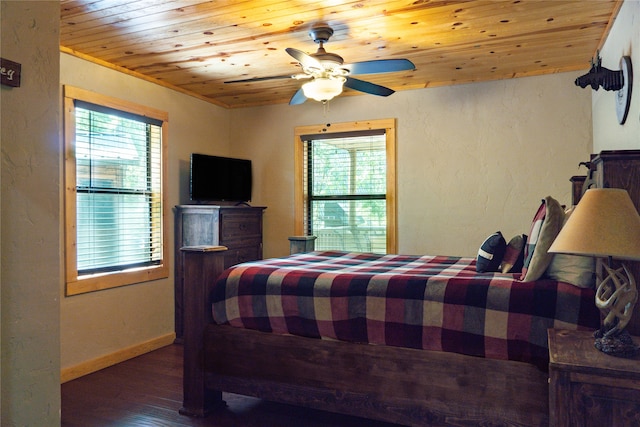 bedroom with ceiling fan, wooden ceiling, and dark wood-type flooring