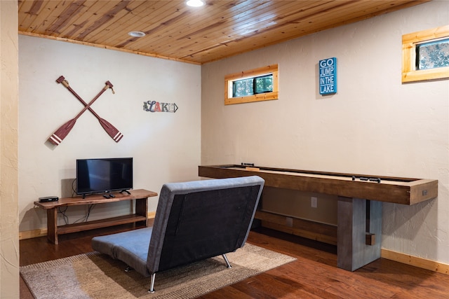 office space with wooden ceiling and wood-type flooring