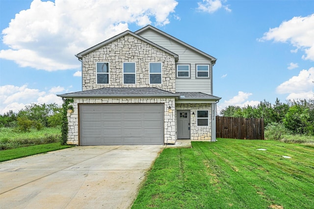 front facade featuring a front yard and a garage