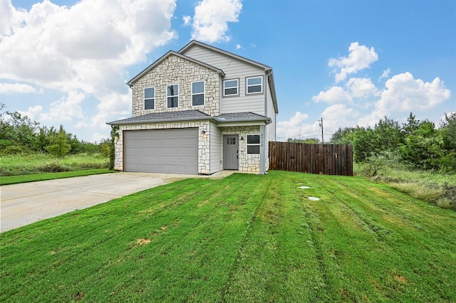 front facade featuring a front yard and a garage