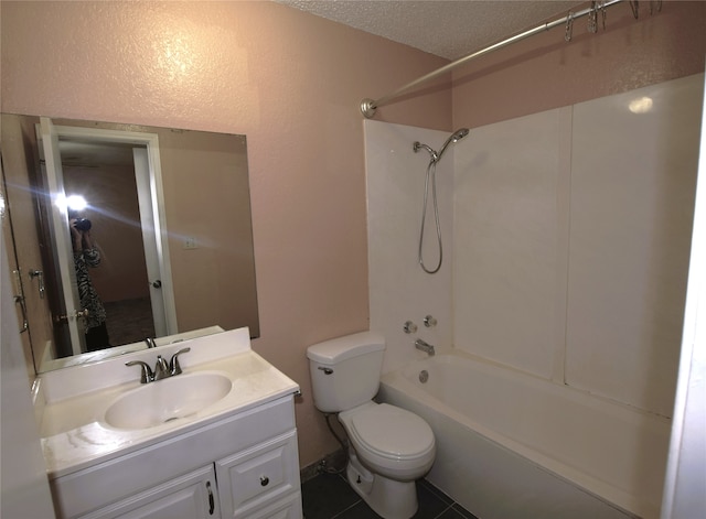 full bathroom with vanity, a textured ceiling, shower / bathing tub combination, tile patterned flooring, and toilet