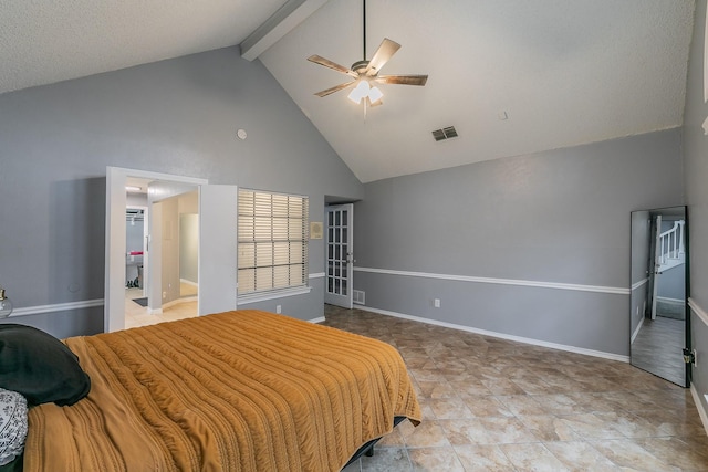 205 Benwynd Dr, Mesquite, TX 75149 - bedroom featuring beamed ceiling, high vaulted ceiling, and a ceiling fan