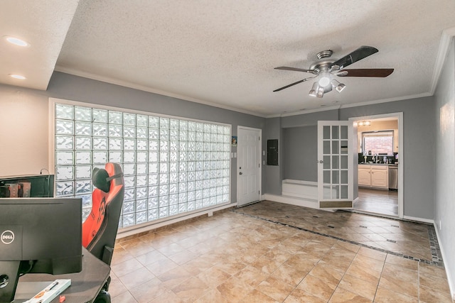 205 Benwynd Dr, Mesquite, TX 75149 - office area featuring ceiling fan, a textured ceiling, crown molding, french doors, and recessed lighting