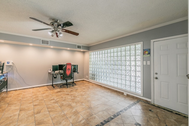 tiled home office with a textured ceiling, ceiling fan, and crown molding