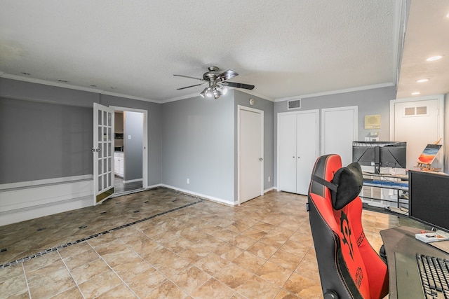 office featuring ornamental molding, french doors, a textured ceiling, and ceiling fan