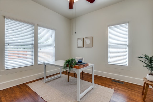 office featuring hardwood / wood-style floors and ceiling fan