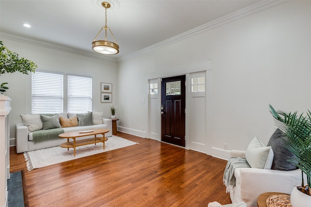 living room featuring ornamental molding and hardwood / wood-style floors