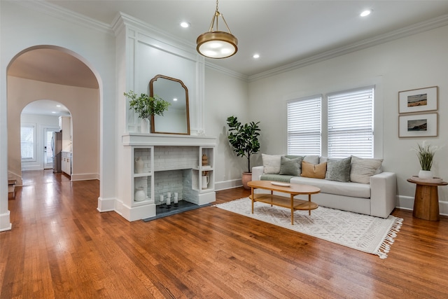 living room featuring ornamental molding, hardwood / wood-style floors, plenty of natural light, and a fireplace