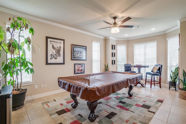 playroom with ceiling fan, light tile patterned flooring, plenty of natural light, and billiards