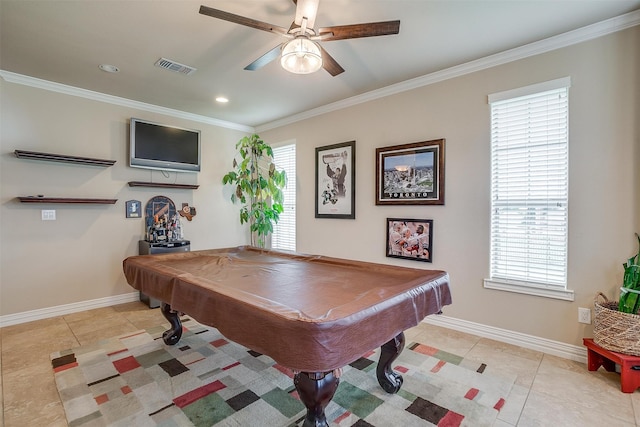 rec room with pool table, light tile patterned floors, crown molding, and ceiling fan