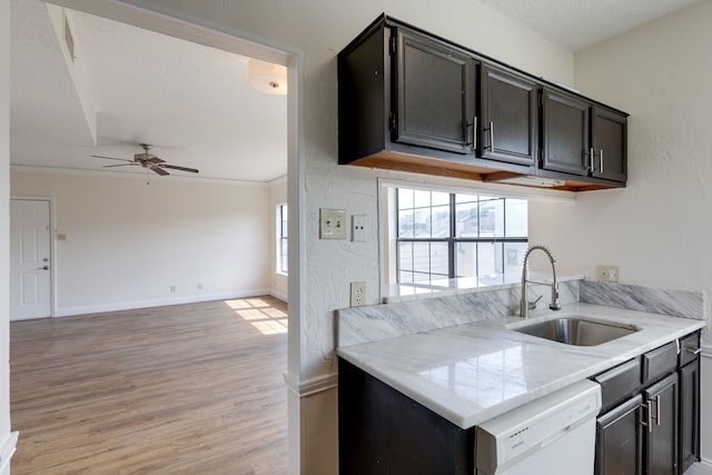 kitchen featuring crown molding, light hardwood / wood-style flooring, sink, white dishwasher, and a textured ceiling