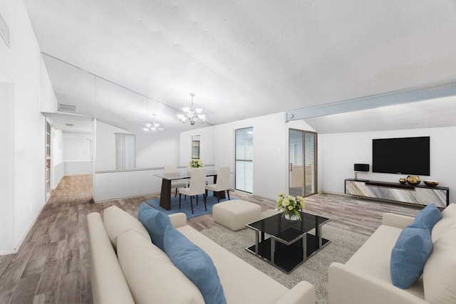 living room with lofted ceiling, light wood-type flooring, and an inviting chandelier