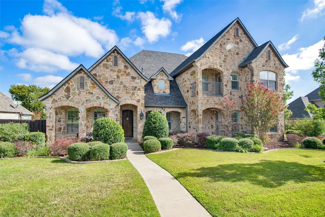 french country inspired facade featuring a front yard