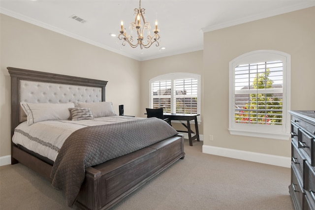 bedroom with ornamental molding, a chandelier, and light colored carpet