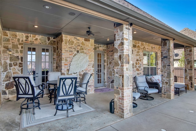 view of patio with ceiling fan and french doors