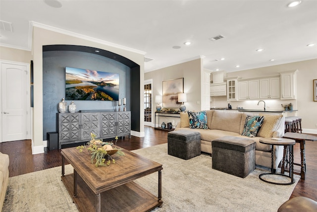 living room featuring sink, crown molding, and dark wood-type flooring