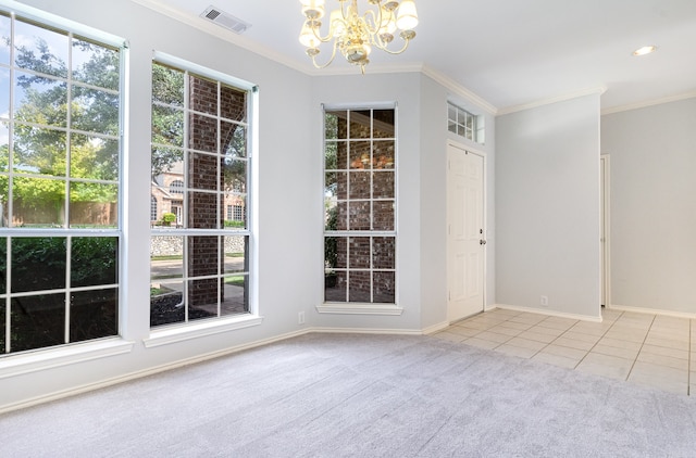 interior space with an inviting chandelier, light colored carpet, and ornamental molding