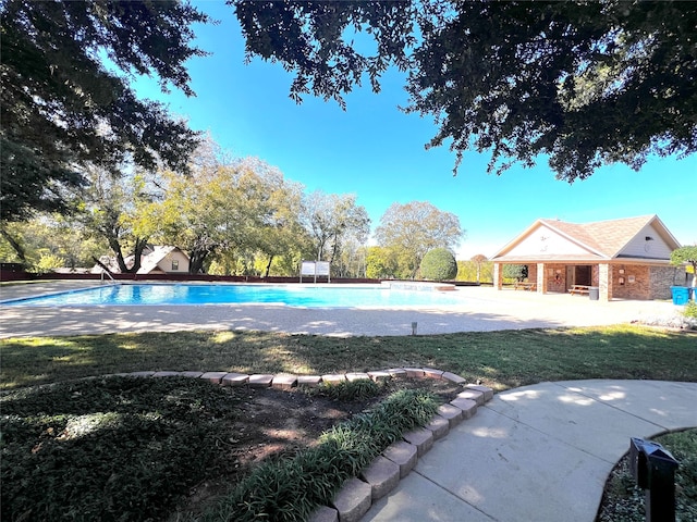 view of swimming pool with a yard