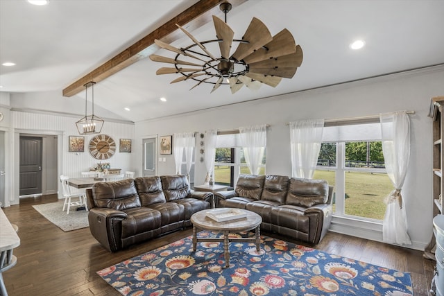 living room featuring lofted ceiling with beams, dark hardwood / wood-style floors, and plenty of natural light