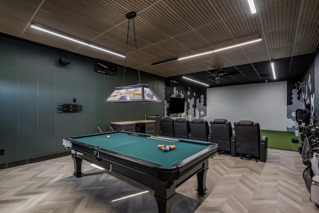 recreation room with billiards and light parquet flooring