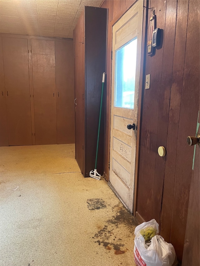 hallway featuring wood walls and carpet